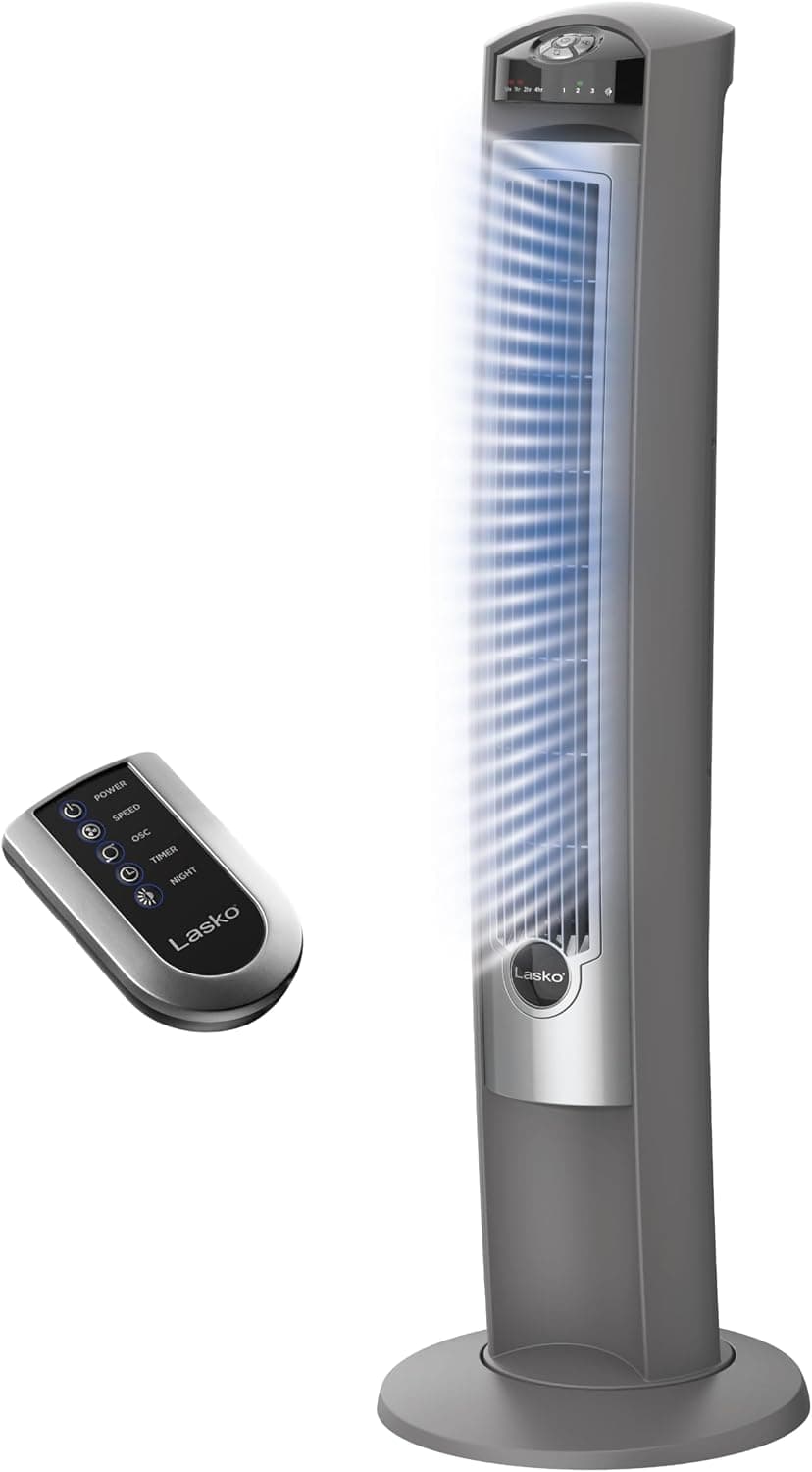 Lasko T42951 Wind Curve Oscillating Tower Fan with Remote, 42" Tall, Quiet Standing Fan for Bedroom, 3 Speeds,