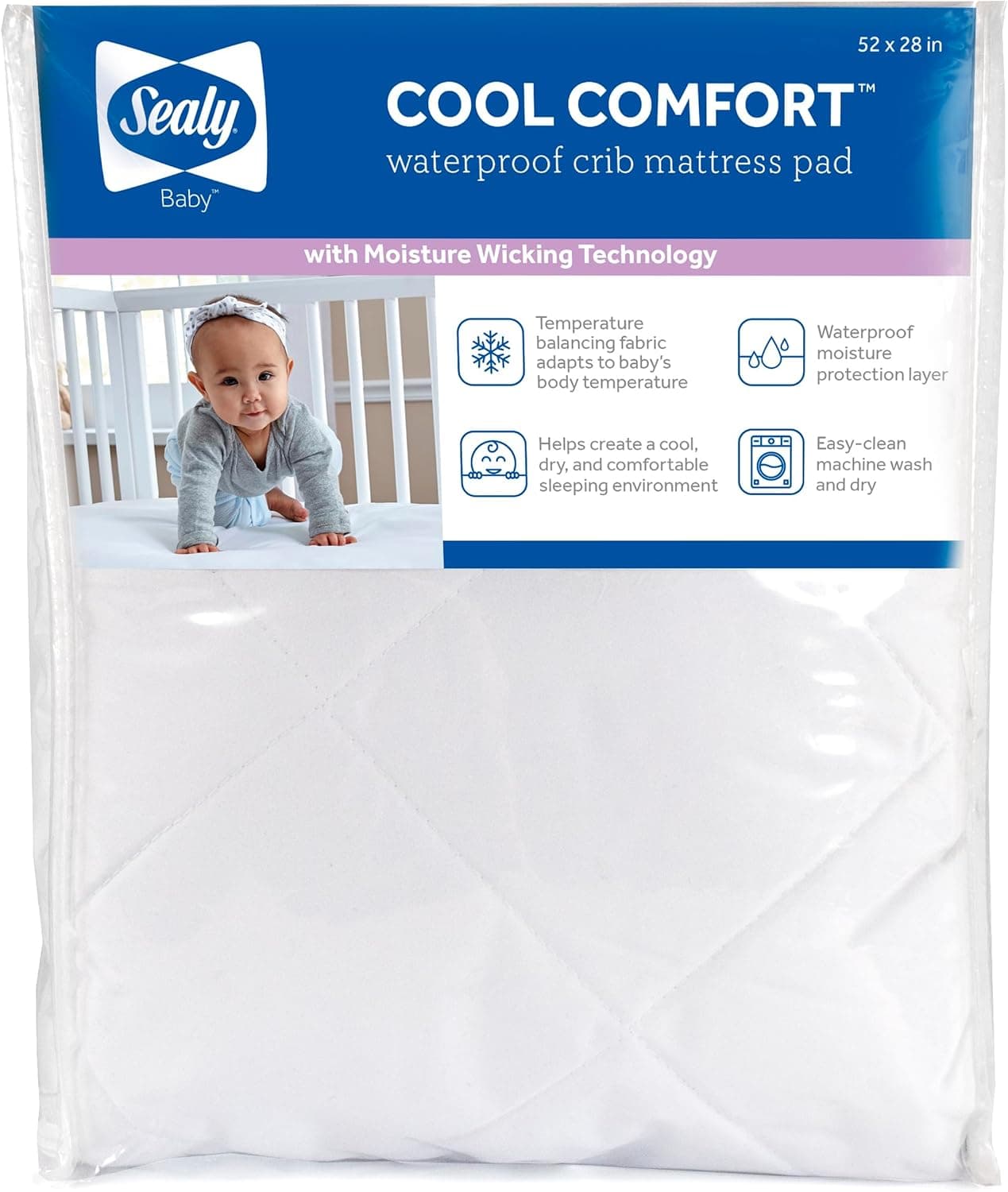 Sealy Baby Cool Comfort Cooling Breathable Waterproof Crib Mattress Protector Pad, 52x28, White