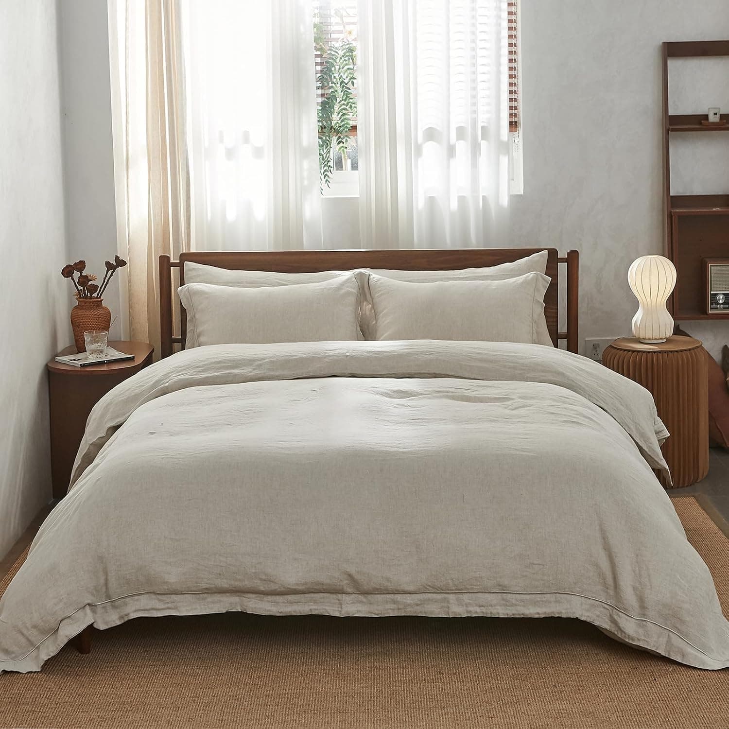 Simple&Opulence 100% Washed Linen Duvet Cover with Embroidered, 3 Pieces, Queen, Natural Linen