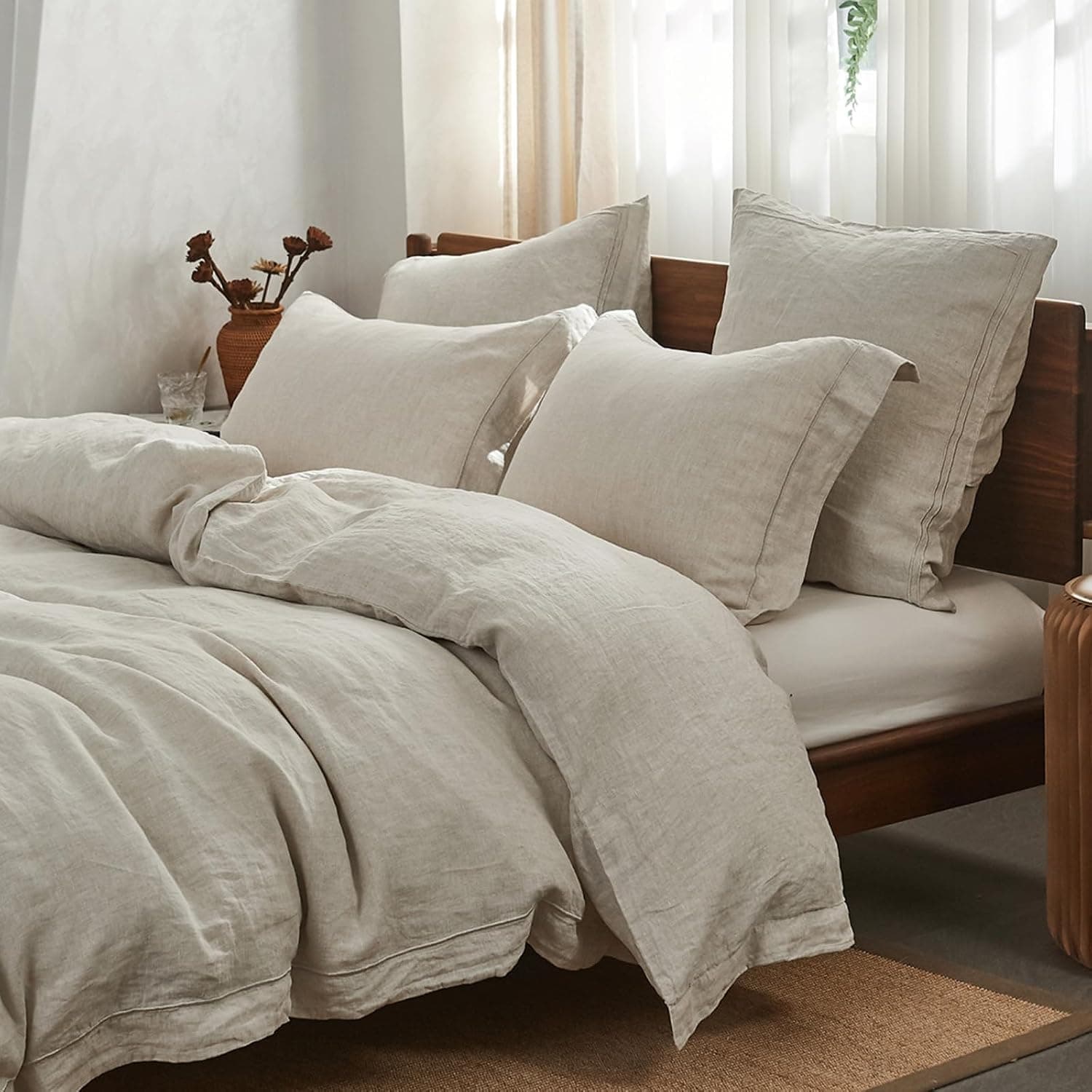 Simple&Opulence 100% Washed Linen Duvet Cover Set with Embroidered, 3 Pieces, King, Natural Linen