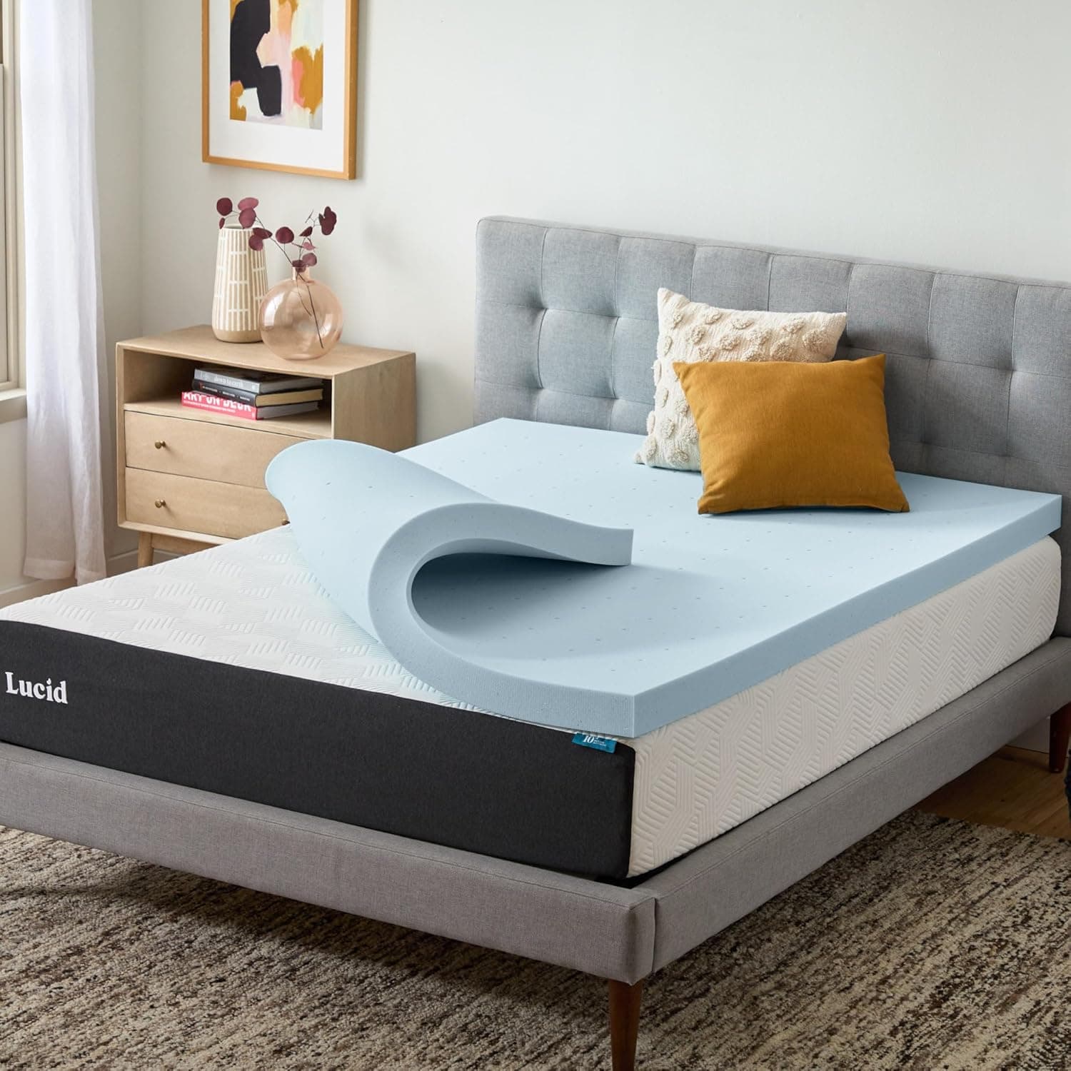 LUCID 3 Inch Memory Foam Mattress Topper Queen - Cooling Gel Bed Topper, Ventilated Breathable Design, CertiPU