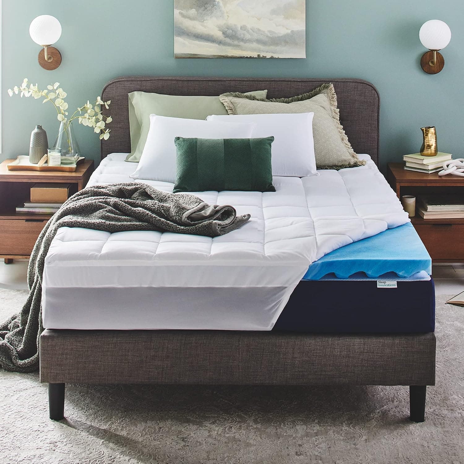 Sleep Innovations Dual Layer 4 Inch Memory Foam Mattress Topper, Queen, 3 Inch Cooling Gel + 1 Inch Pillow Top Cover
