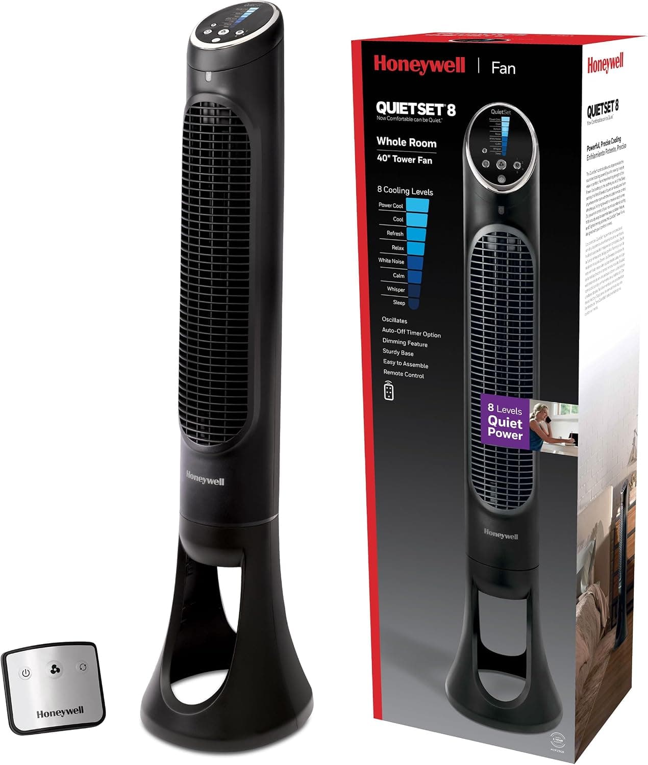 Honeywell HYF290B QuietSet Whole Room Oscillating Tower Fan with Remote, 8 Speeds, Black