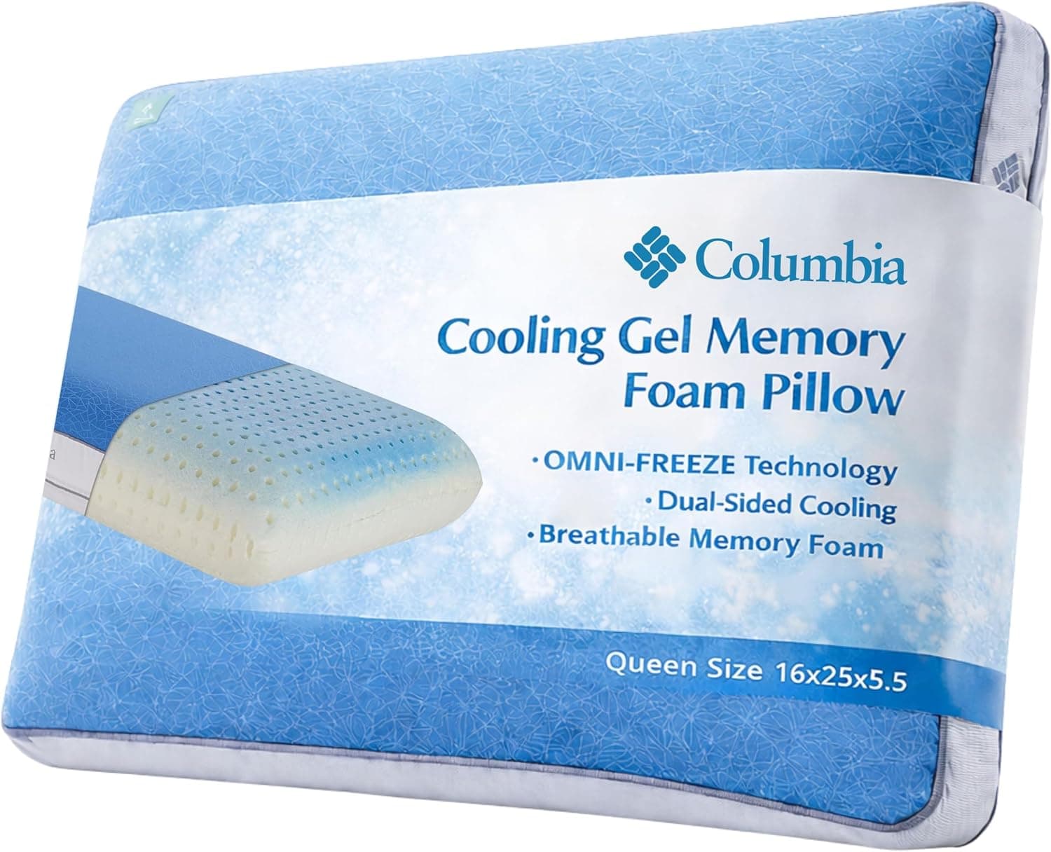 Columbia Cooling Gel Memory Foam Pillow, Removable Washable Cover, Queen