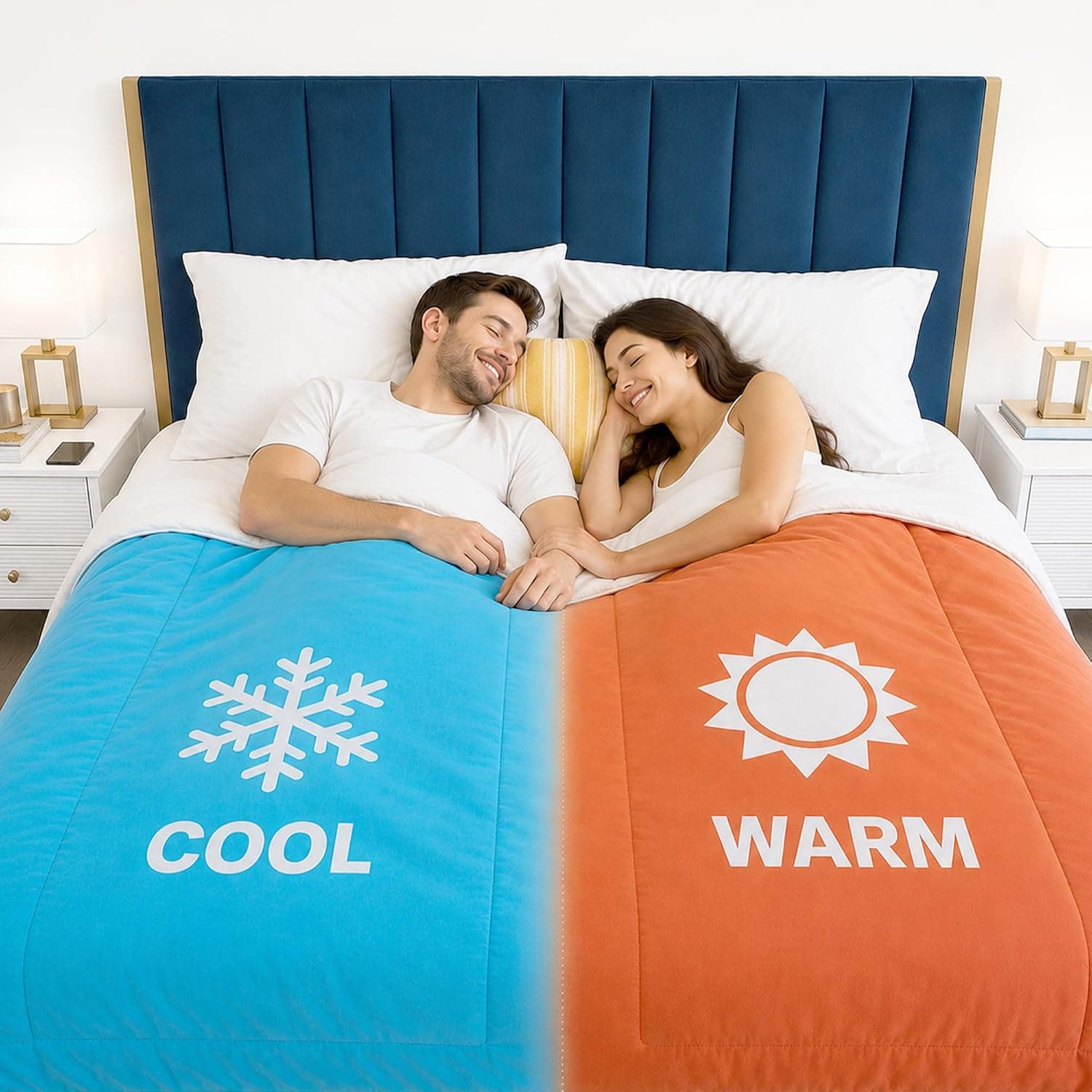 SoMN Komforte Microfiber Dual Zone Comforter, His and Hers Blankets for Couples, Cool & Warm Two Temperature Comforter (White, Queen)