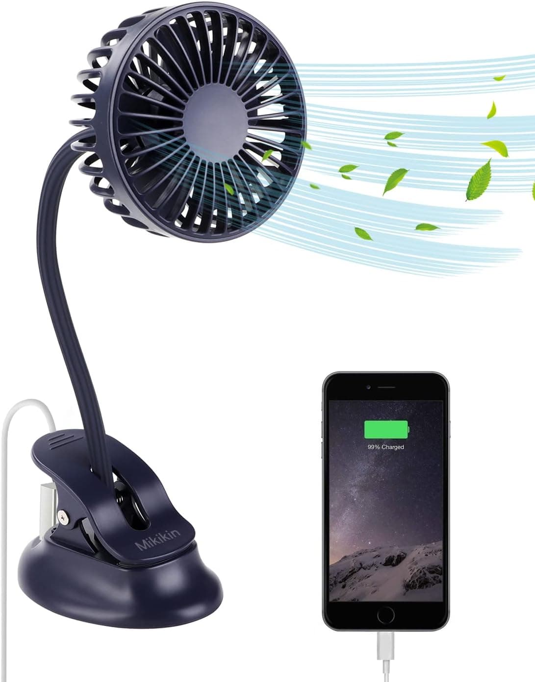 Mikikin Clip on Small Mini Fan, Portable USB Battery Operated Rechargeable Quiet Personal Desk/Baby Stroller Fan 3 Speeds Flexible Neck Great for Bed Office Car Dorm Travel Camping Beach