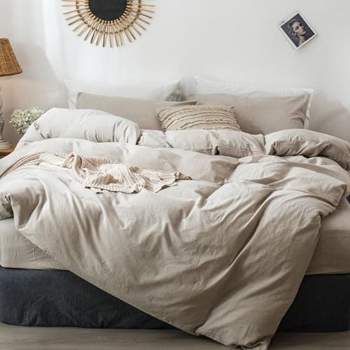 MooMee Duvet Cover Set 100% Washed Cotton Linen Like Queen | Relaxed Lived-in Texture. Soft, Breathable & Long-lasting Comfort. Lightweight. Hidden Zipper with 8 Interior Corner Ties