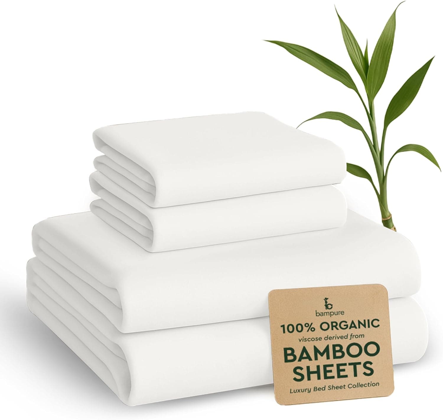 BAMPURE Luxury Series Queen Sheet Set, 100% Pure Viscose Bamboo, White
