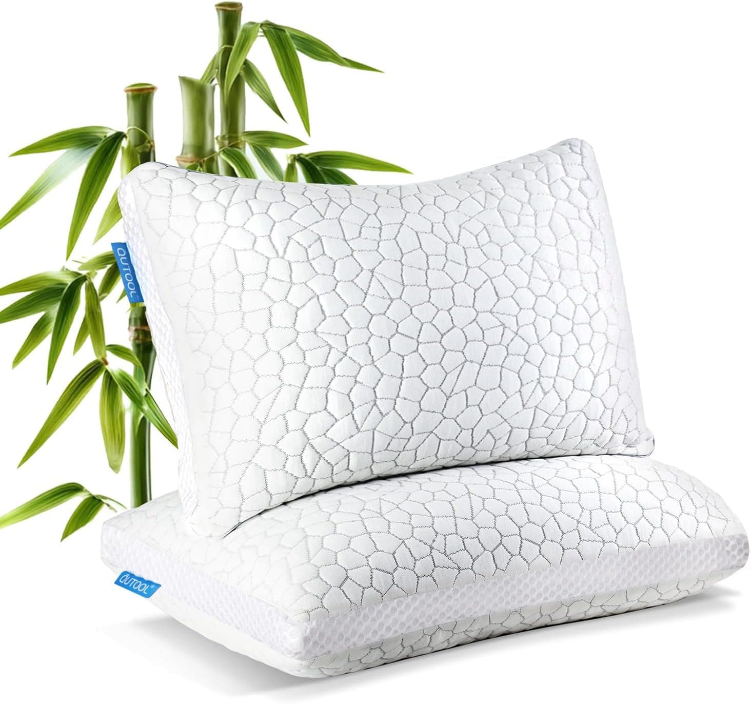 Qutool Shredded Memory Foam Pillows 2 Pack, Rayon Derived from Bamboo Pillow Queen Size Set of 2, Cooling Gel Pillows for Sleeping, Adjustable Pillow for Side Stomach and Back Sleepers with Washable Cover