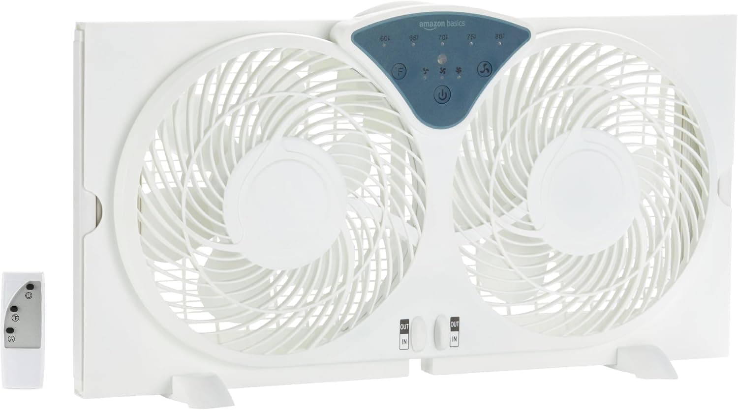 Amazon Basics Twin Window Fan with Reversible Airflow, 3 Speeds, Exhaust, Expandable Side Panel, Digital Control, 9 inch, White
