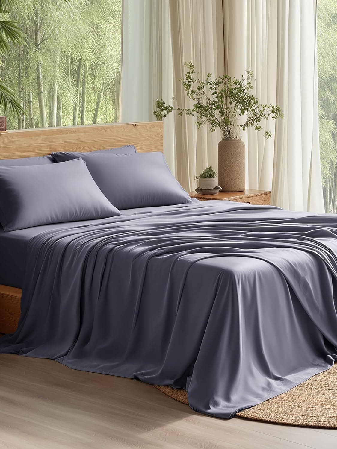 Bedsure PureWoven 100% Rayon Derived from Bamboo Queen Sheets, 4 Pieces, Dark Grey