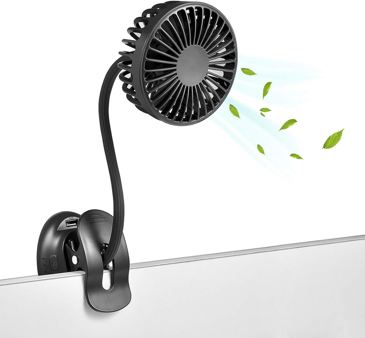 Glovion Clip On USB Mini Desk Fan with Emergency Power Bank, Battery Operated Rechargeable Portable Fan - Flexible Neck, 3 Speed Personal Cooling for Car, Camping, Office, Dorm, Beach - Black