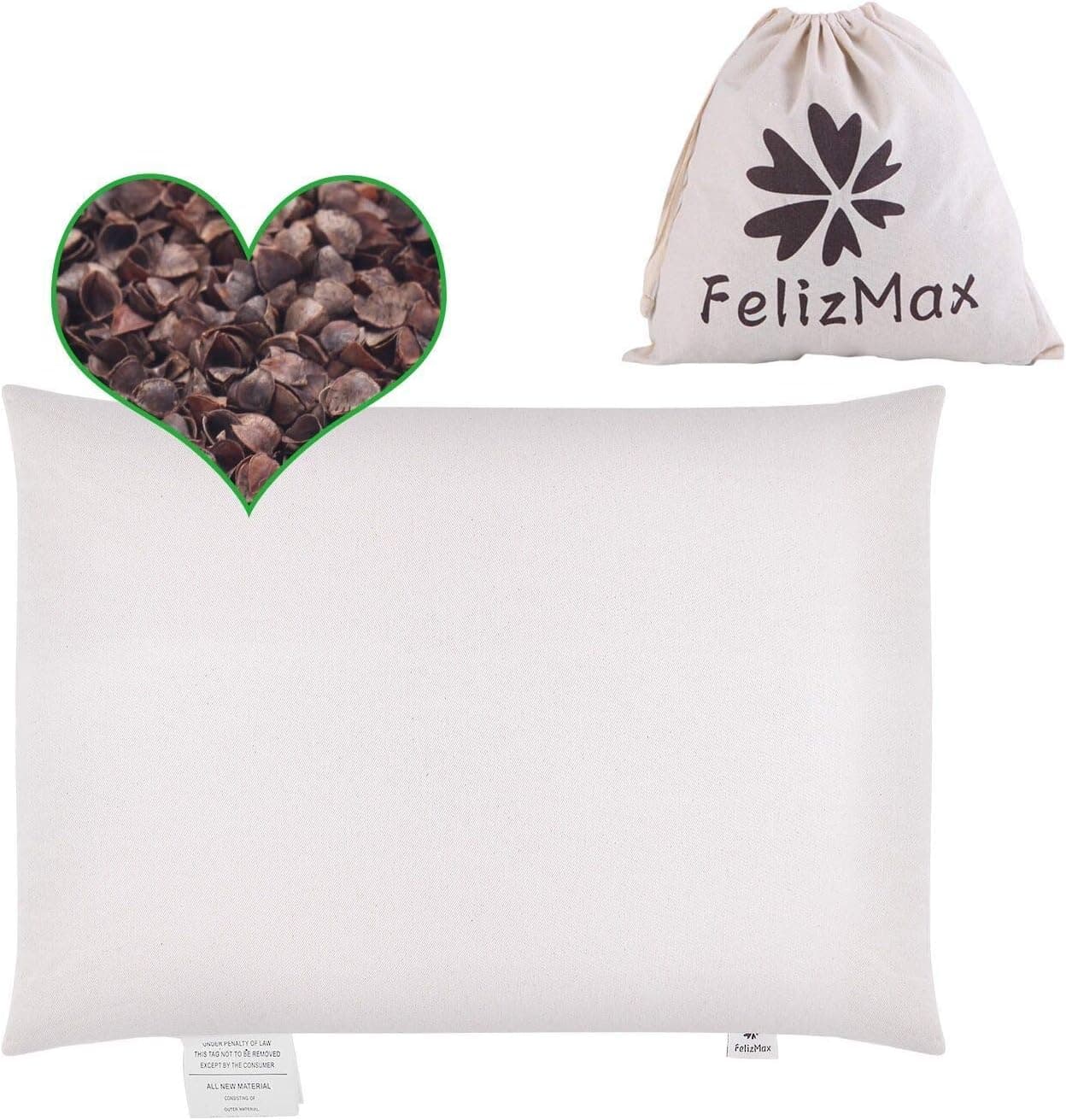 Organic Buckwheat Pillow 100% Natural Hulls, Organic Cotton Cover, Japanese Size 20x14
