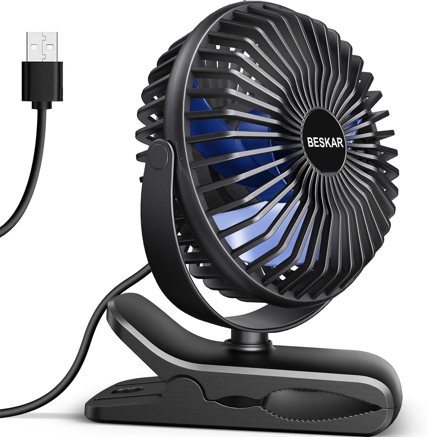 BESKAR USB Clip on Fan, Portable Small Desk Fan with Cord Powered, 3 Speeds Strong Airflow, Sturdy Clamp, Ultra Quiet Personal Cooling Fan for Office Dorm Bedroom Stroller