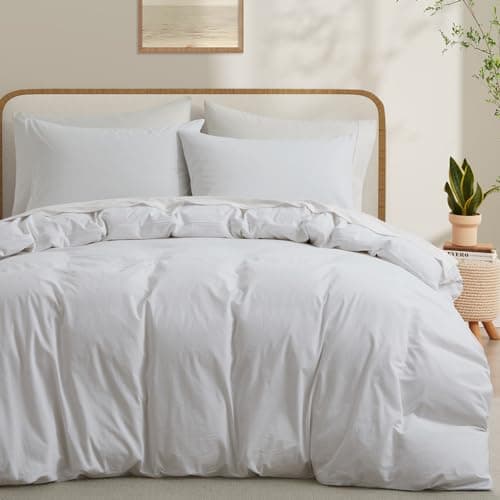 LOVQUE 100% Washed Cotton Duvet Cover, White, Queen Size, 90x90 Inches | Breathable, Linen-like, Natural Bedding Set with Zipper Closure, Corner Ties, 1 Cover + 2 Pillowcases, No Comforter