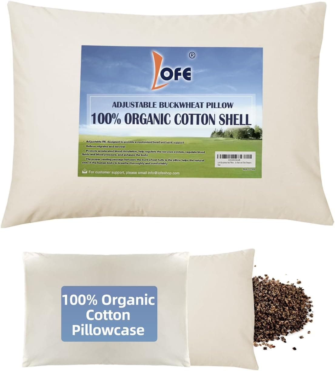 LOFE Organic Buckwheat Pillow with Organic Cotton Pillowcase, Adjustable, 20x26