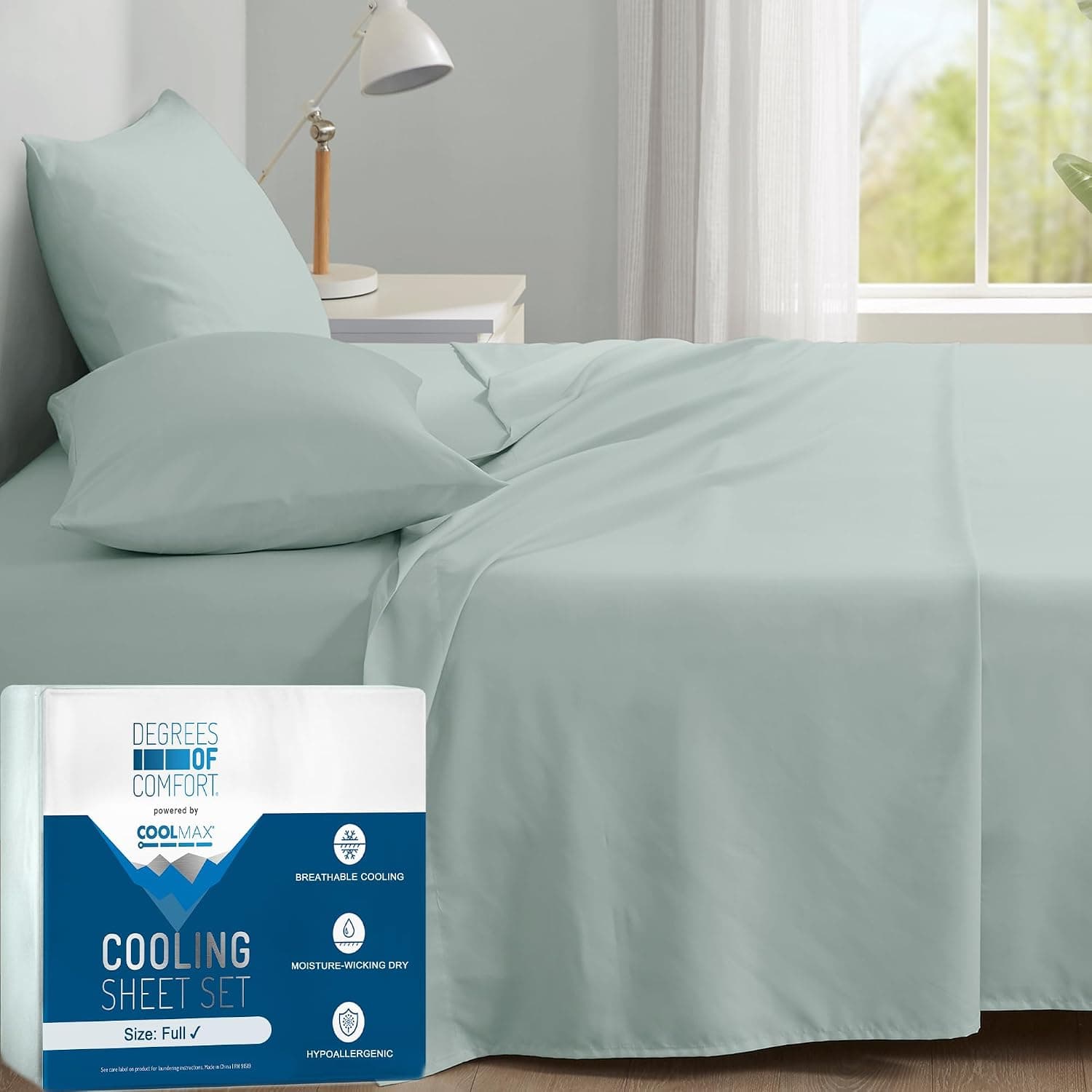 Degrees of Comfort Coolmax Cooling Bed Sheets Full Size for Hot Sleepers, Moisture Wicking Sheet Set for Night Sweats, Deep Pocket, Ultra Soft, Aqua 4 Pieces