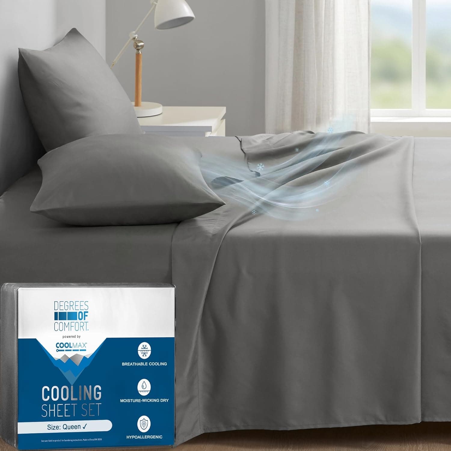 Degrees of Comfort Coolmax Cooling Sheets for Hot Sleepers, Grey, 4 Pieces Queen Size, Moisture Wicking, Perfect for Night Sweats, Deep Pocket, Ultra Soft