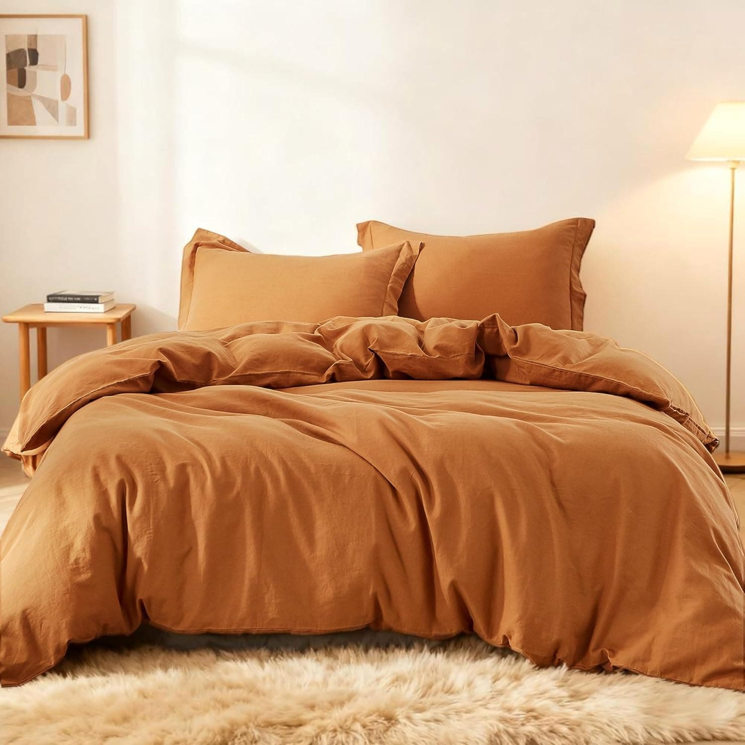 Simple&Opulence French Linen Duvet Cover Set 88x92, 3 Pieces, Flax Cotton Blend, Rust, Queen