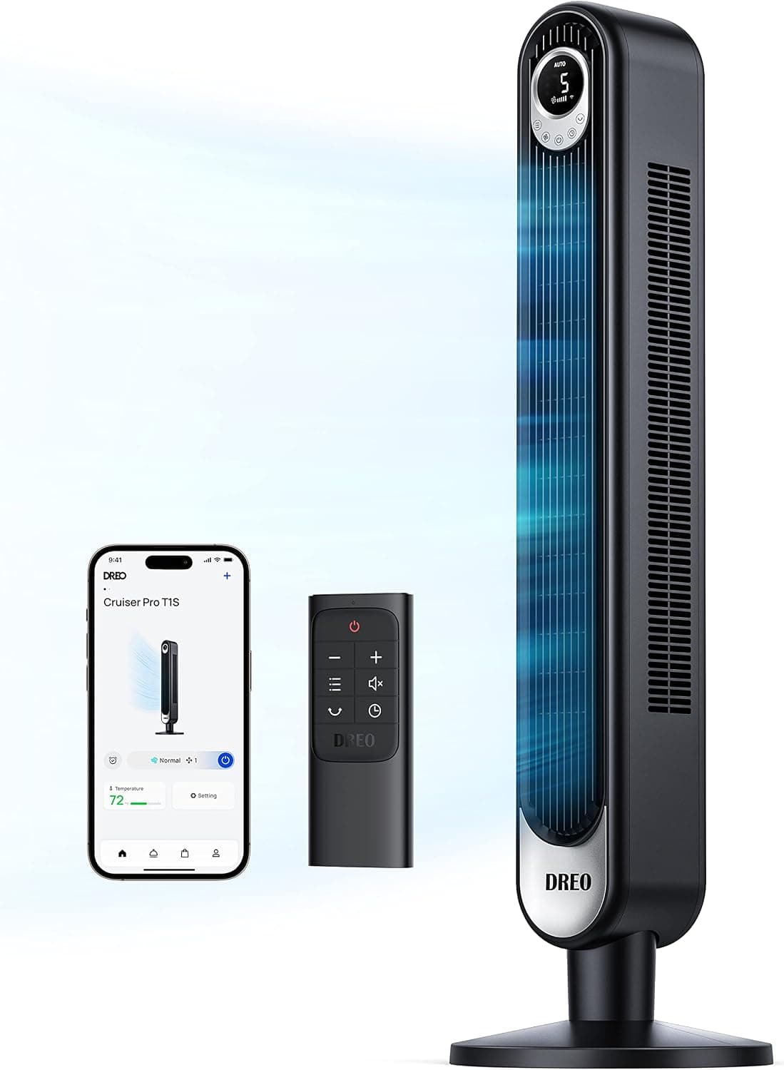 DREO Smart Tower Fan for Bedroom, Bladeless Oscillating with Remote, 9 Speeds, 4 Modes, 12H Timer, WiFi Voice Control