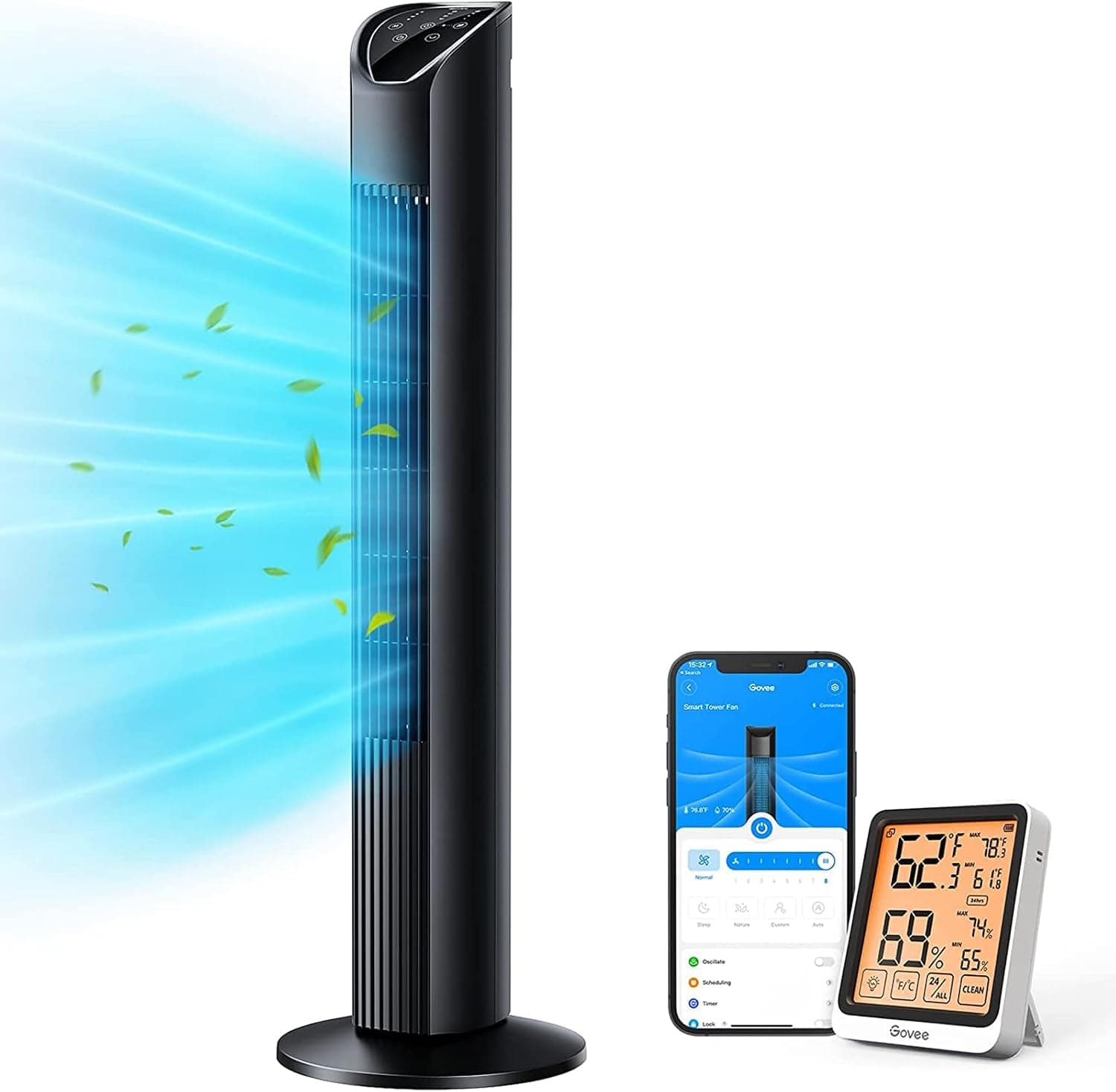 Govee Smart Tower Fan for Bedroom with Hygrometer Thermometer H5177, WiFi Oscillating, App Control, 8 Speeds, Alexa