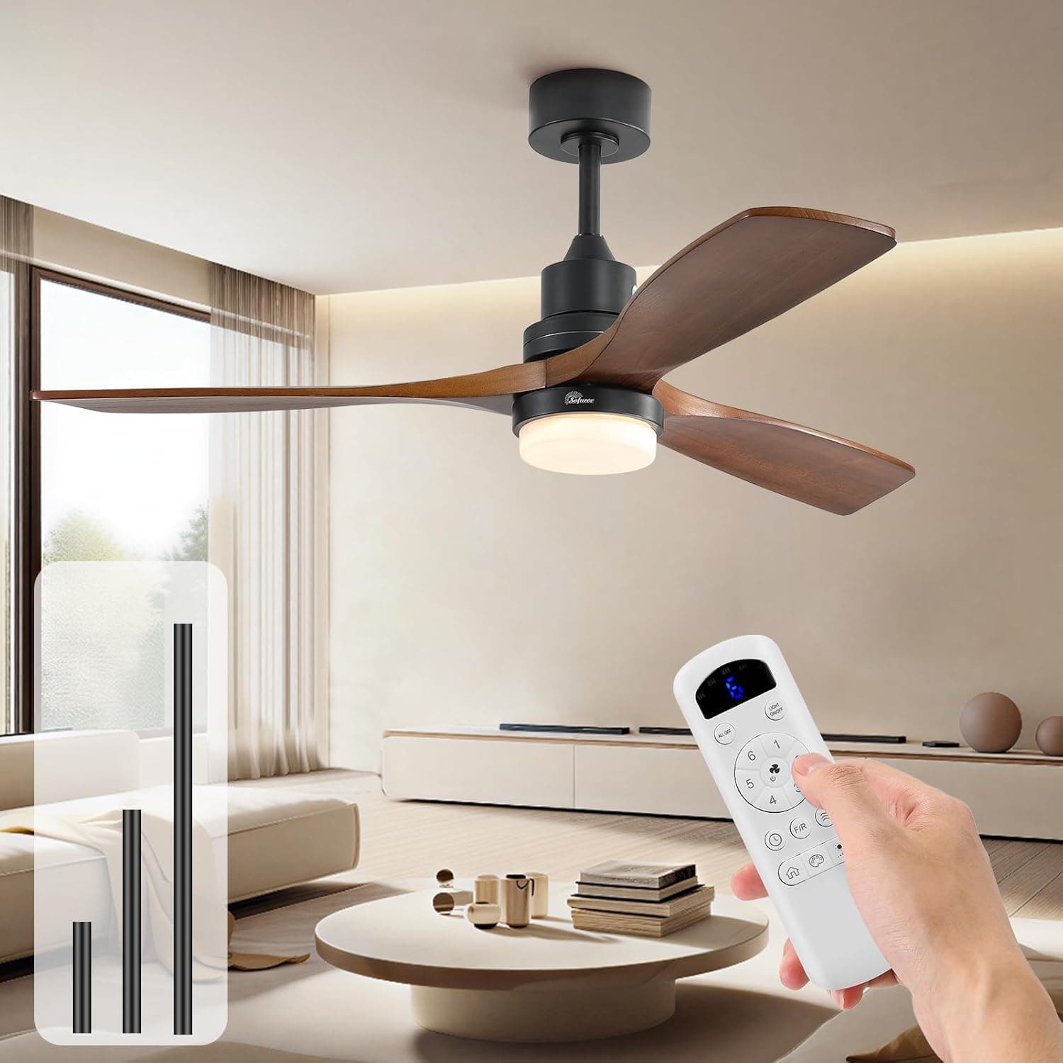Sofucor 52 Inch Ceiling Fans with Lights and Remote, Low Profile Ceiling Fan with Light Dimmable/Timer, Modern Flush Mount Ceiling Fan 6-Speed Reversible DC Motor for Bedroom Living Room Outdoor