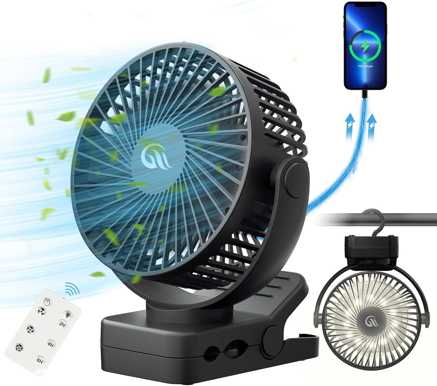 OUTERFAN Portable Fan with Remote Control & Timer & LED Lights, 60hrs 12000mAh USB Rechargeable Battery, Clamp/Hanging/Stand Up, Small Clip on Fan for Baby Stroller, Bed, Desk, Camping Tent, Travel