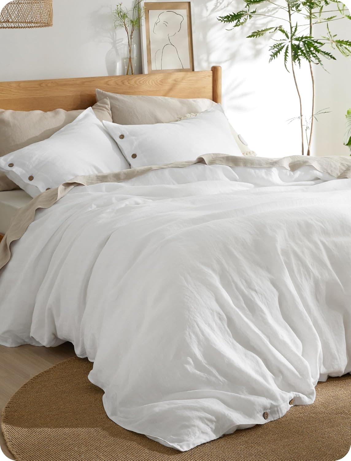 Bedsure Linen Duvet Cover Queen, Linen Cotton Blend, PureWoven Cooling & Breathable, 3 Piece, White