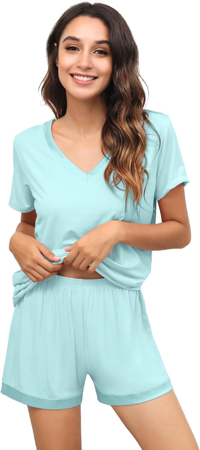 WiWi Bamboo Viscose Pajama Set for Women Short Sleeve Summer Cooling 2-Piece Pjs