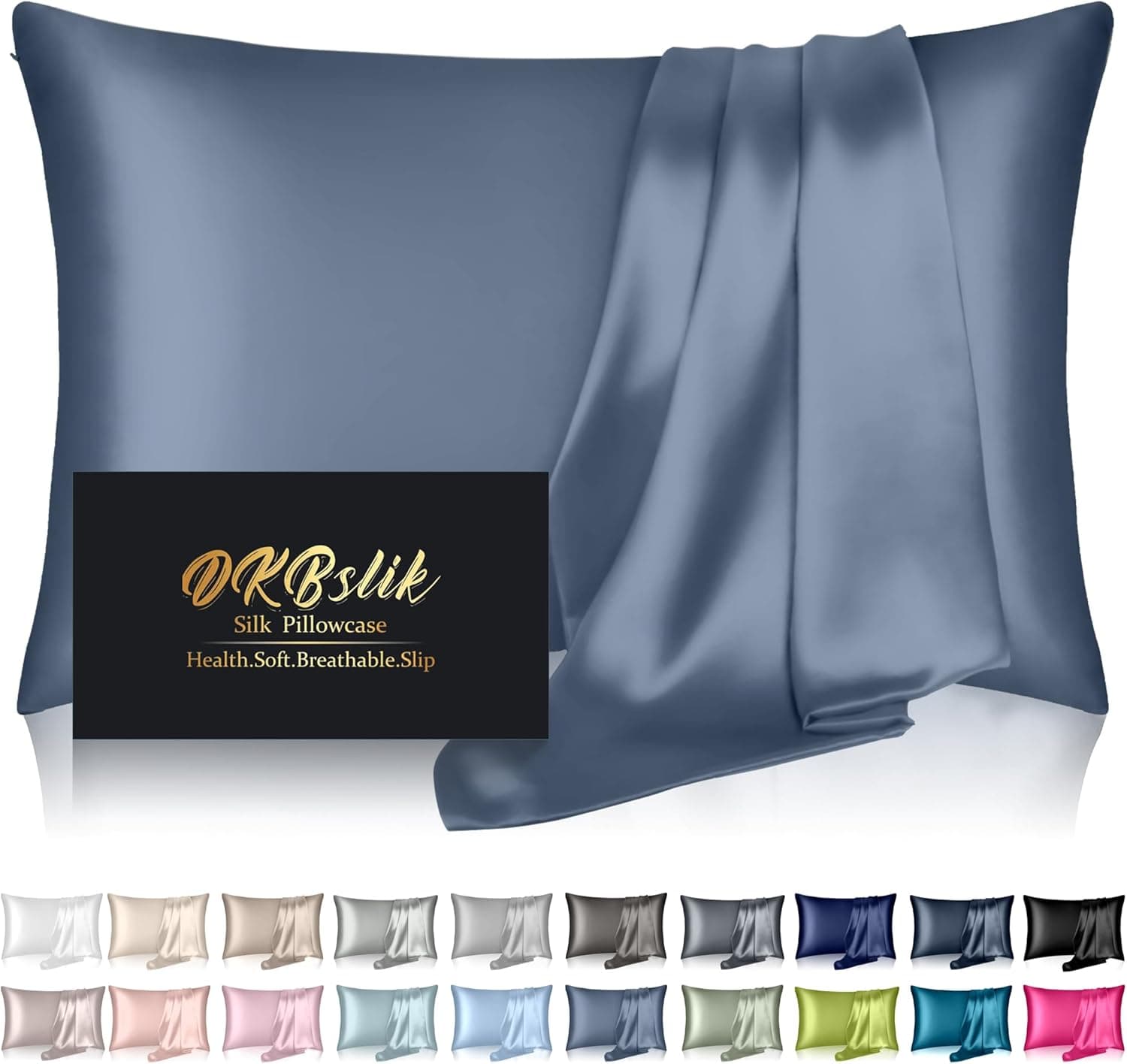 Silk Pillowcase for Hair and Skin, Mulberry Silk Pillow Cases Standard Size, Anti Acne Cooling Sleep Both Sides Natural Silk Satin Pillow Covers with Hidden Zipper, Ash Blue