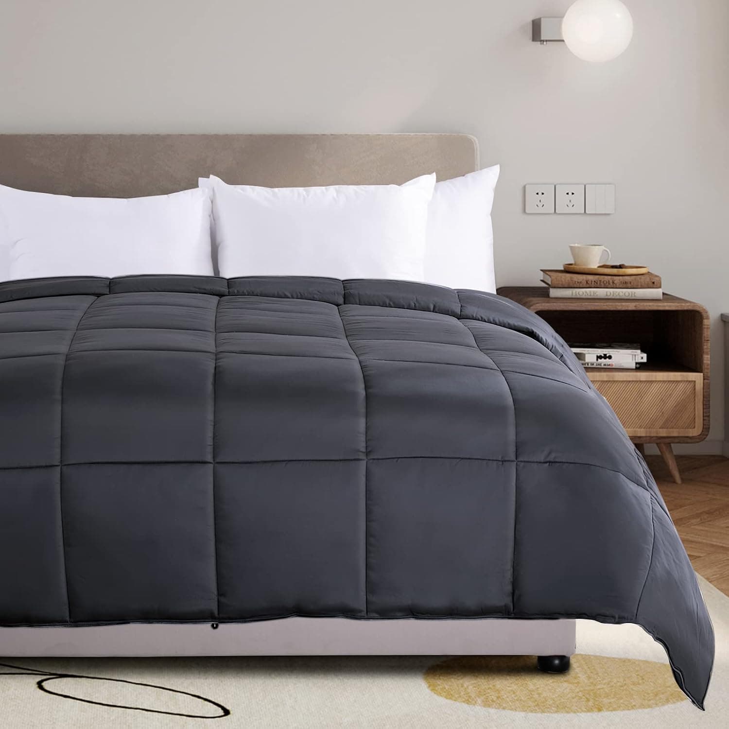 NEXHOME PRO Cooling Lightweight Comforter Queen, Organic Viscose from Bamboo Duvet Insert, 8 Corner Tabs Dark Grey