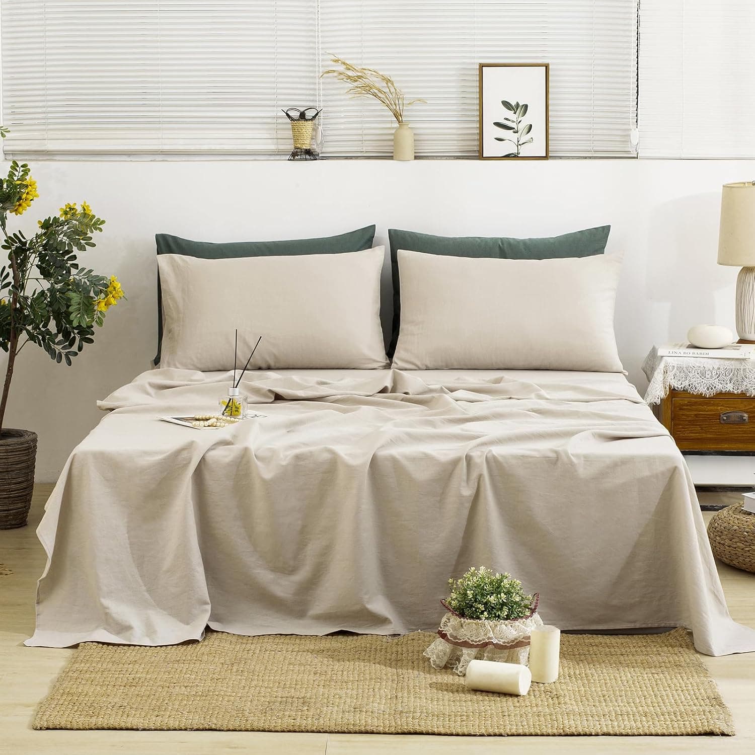TUMEI 100% French Linen Sheets Queen Size, 4-Piece, Natural Linen