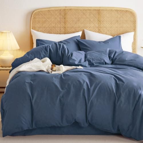 Wake In Cloud - Cotton Duvet Cover Set, 100% Washed Cotton, Linen Like Textured, Breathable Durable Comfy Farmhouse Neutral Bedding Set, 3 Pieces, Dark Blue, Queen Size