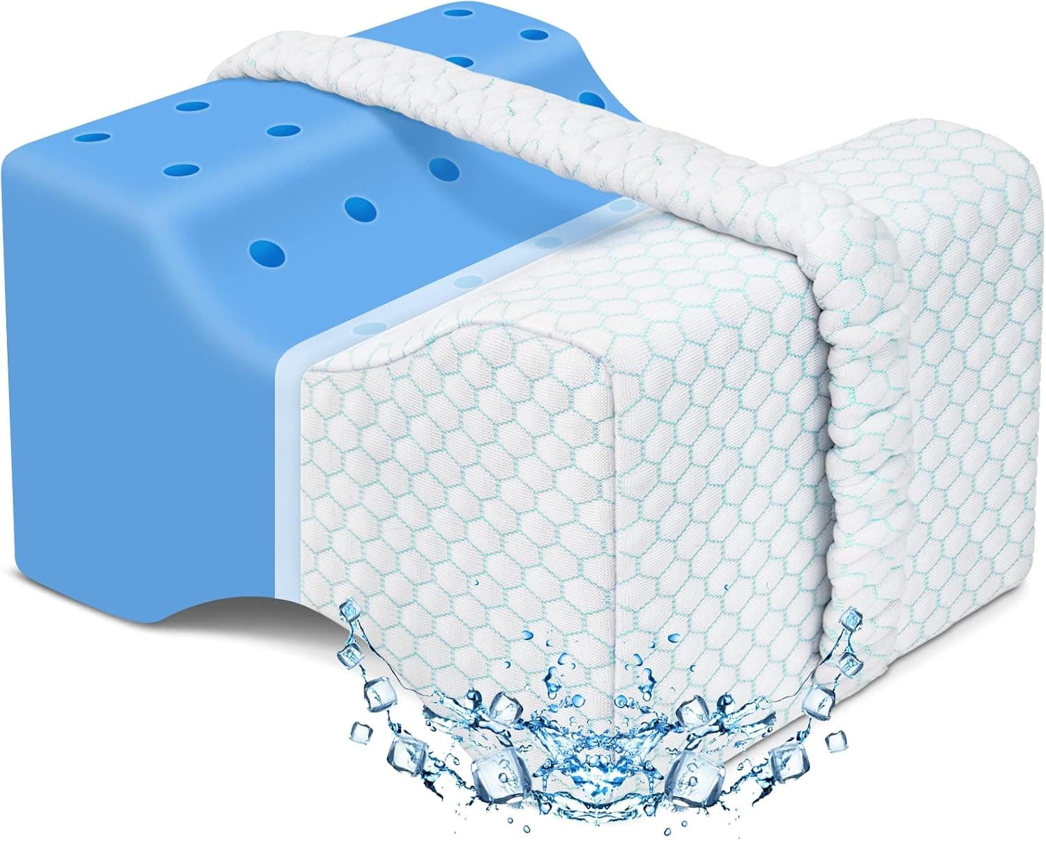 Cooling Knee Pillow for Side Sleepers, Gel Memory Foam Leg Pillow with Ice Silk Cover and Strap