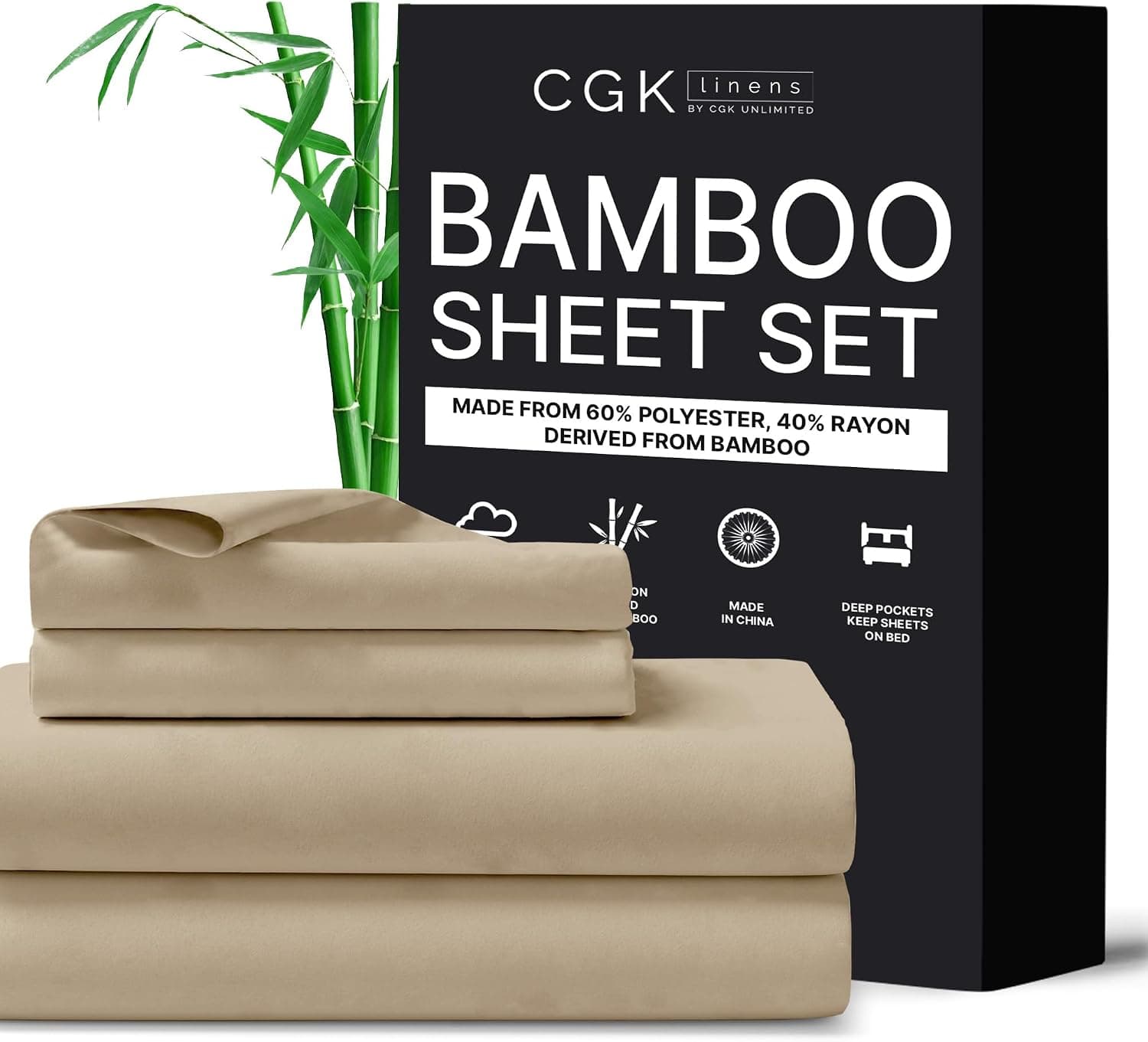 CGK Unlimited Queen Size Bed Sheets - Cooling & Breathable, 60% Polyester, 40% Rayon Derived from Bamboo, Supe