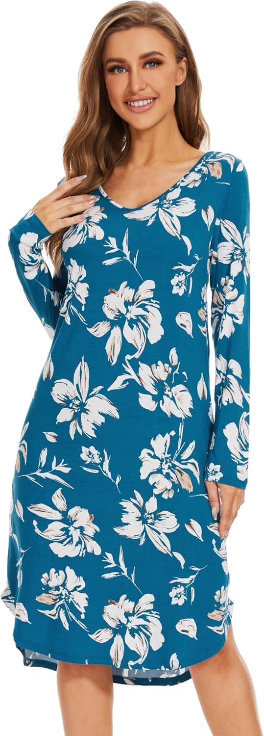 WiWi Bamboo Viscose Nightgowns for Women Long Sleeve Sleep Shirt V Neck Cooling