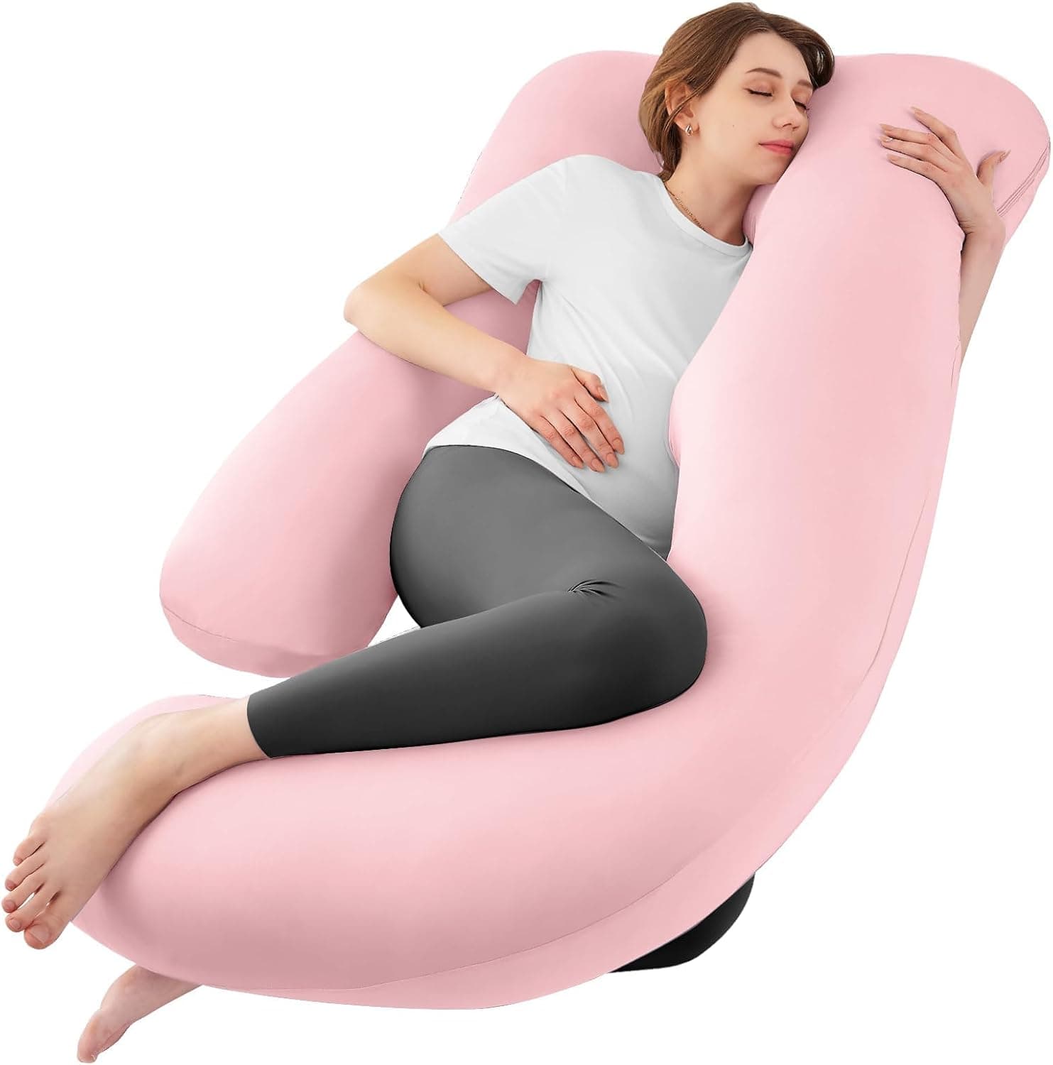 Sasttie Pregnancy Pillow, U Shaped Cooling Full Body Pillow with Removable Cover, Light Pink