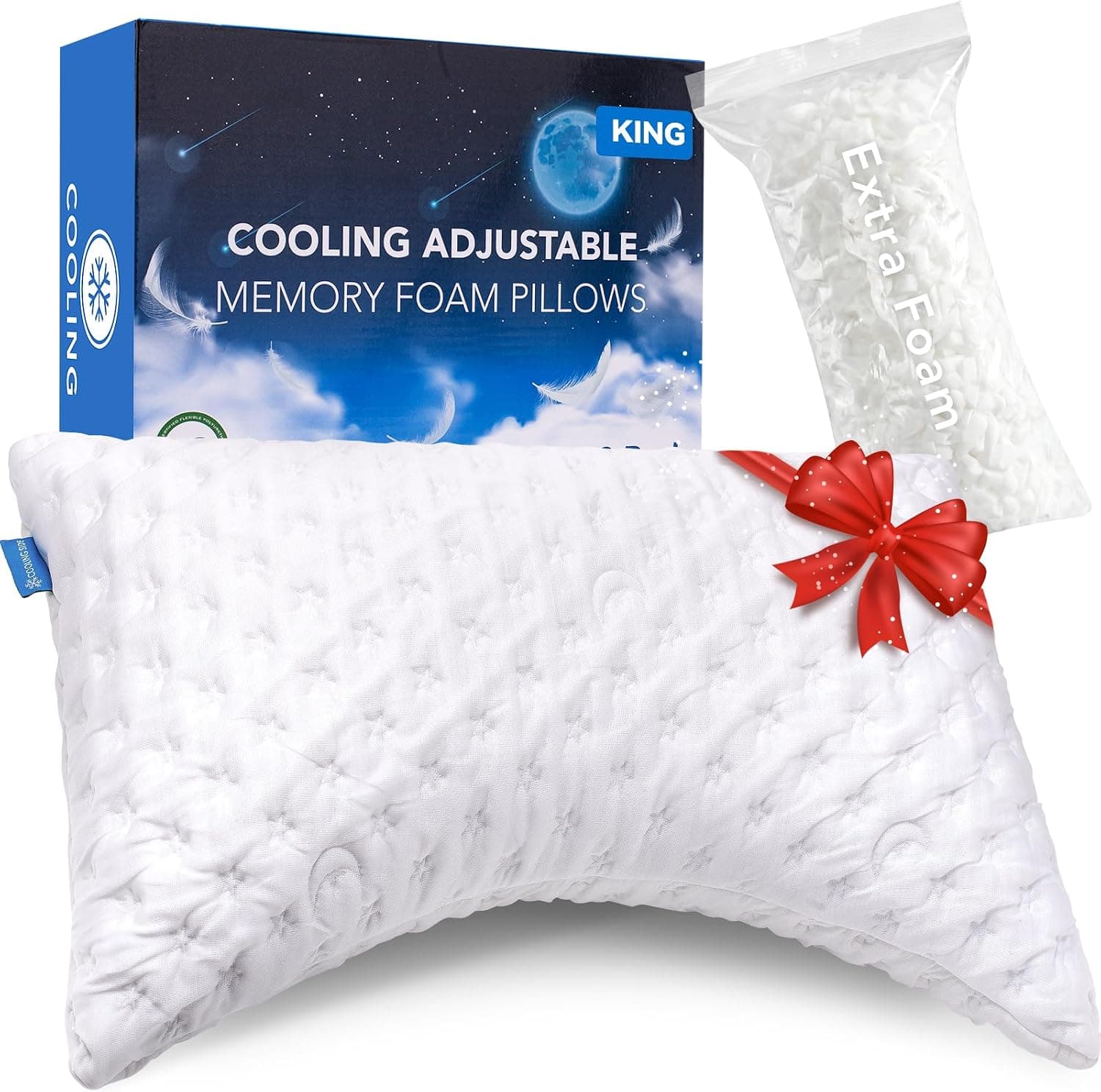 KUCEY Cooling Side Sleeper Pillow Shredded Memory Foam Curved King, Washable Cover