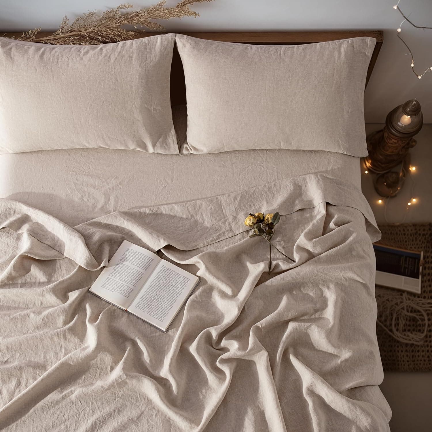 LBRO2M 100% Pure Linen Sheet Set, Natural Flax, Queen Size, Linen
