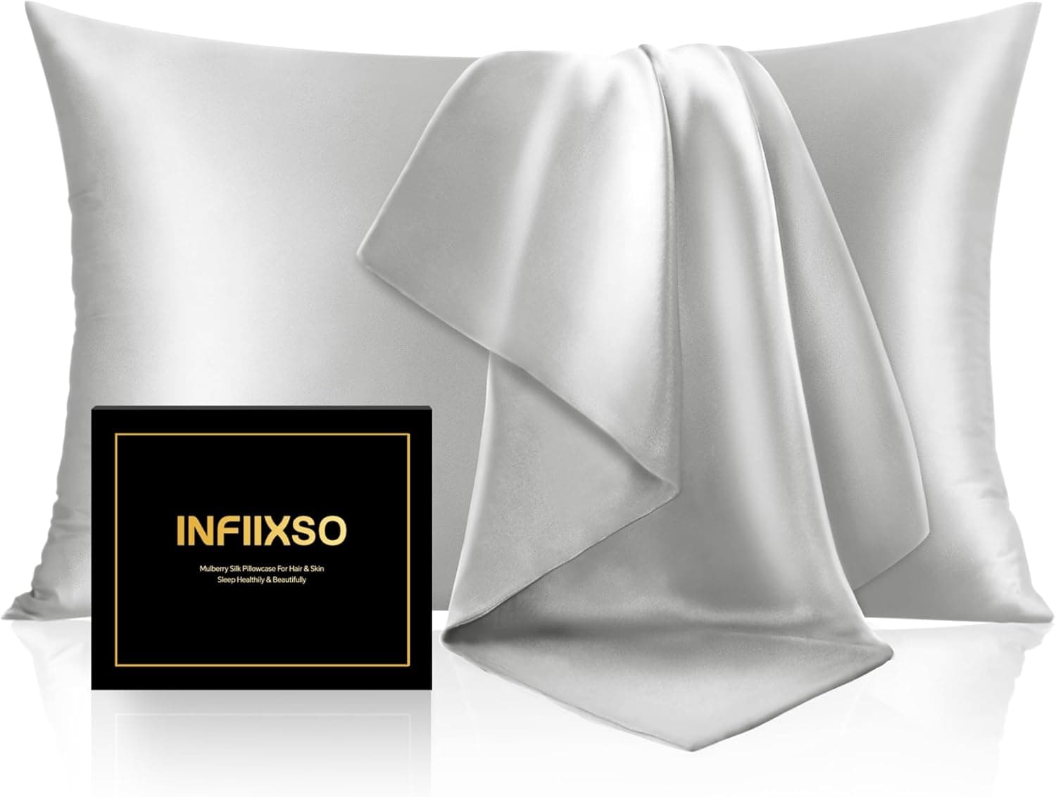 INFIIXSO Mulberry Silk Pillow Cases Standard Size with Zipper, Light Grey, Ultra Smooth & Soft Cooling Pillow Cover for Hot Sleepers, Hidden Zipper, 1 Piece 20"x26"