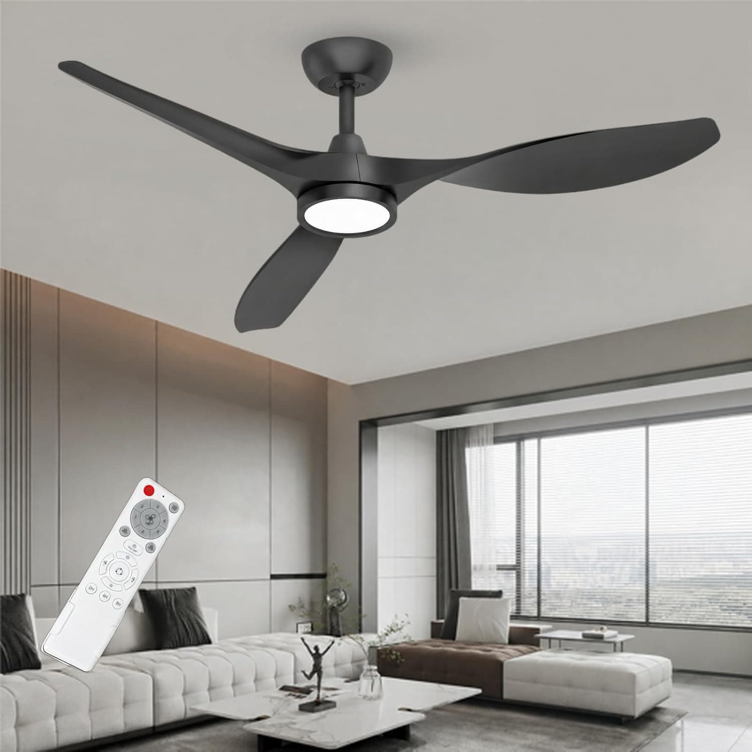 Roomratv Ceiling Fans with Lights and Remote Control, Quiet Noiseless Reversible DC Motor, 6 Speeds, Timers, 3 CCT, Indoor Use, 52 Inch Black Modern Ceiling Fan for Bedroom Living Room