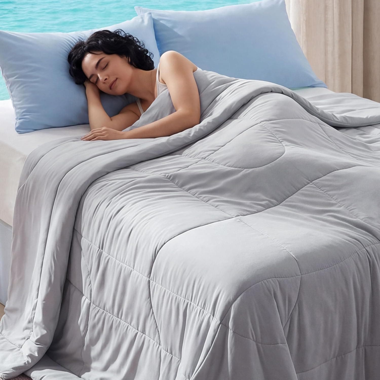 Bedsure Cooling Comforter Queen Size, Lightweight Comforter for Summer with Dual-Sided Cool Tech, Grey 88x88
