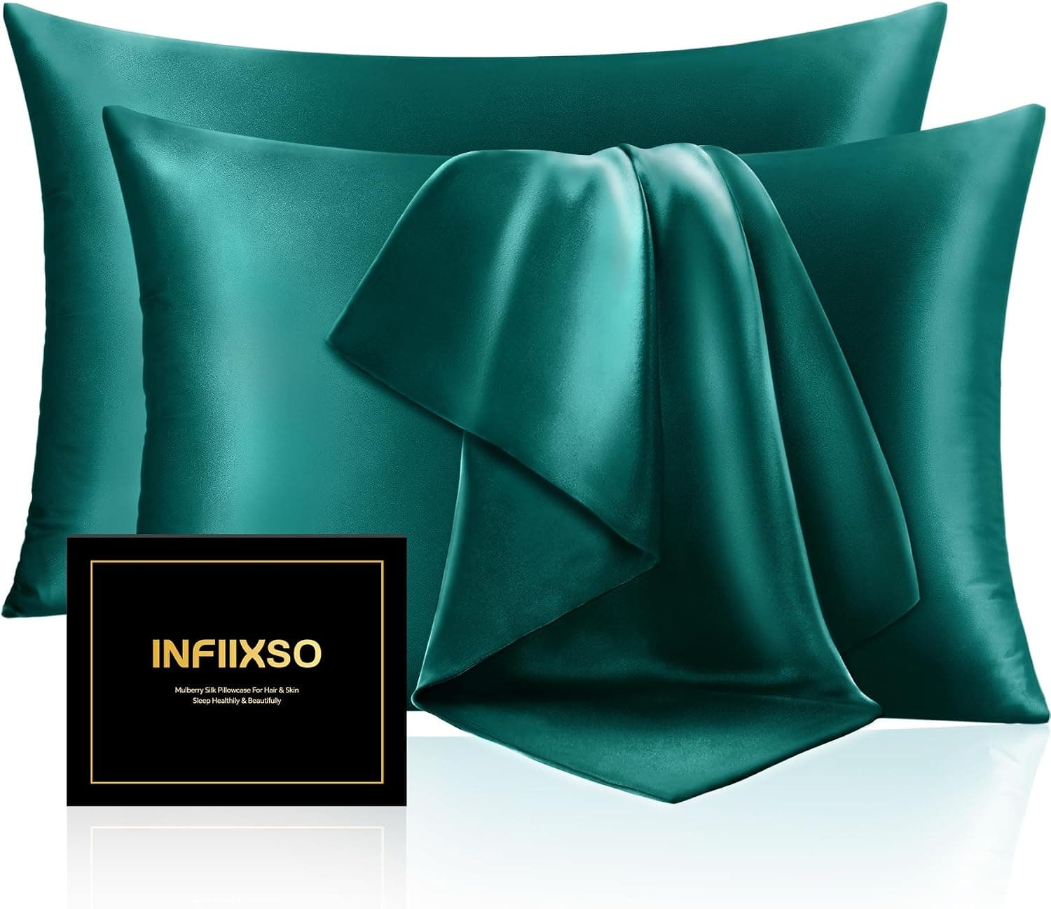INFIIXSO Mulberry Silk Pillowcase for Hair and Skin, Silk Pillow Cases Queen Size Set of 2 with Hidden Zipper 20x30 Inches, Ultra Smooth and Soft Cooling Pillow Cases for Hot Sleepers (Teal, 2 Pack)