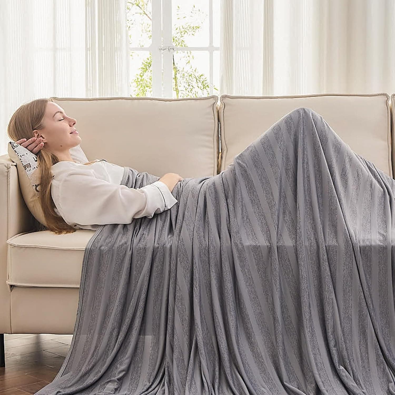 EMME Cooling Throw Blanket Summer Double-Sided Thin Lightweight, Light Grey