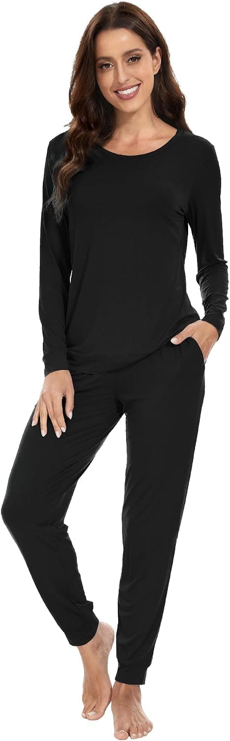 WiWi Women's Long Sleeve Pajama Set Cooling Bamboo Viscose Joggers with Pockets (Black)
