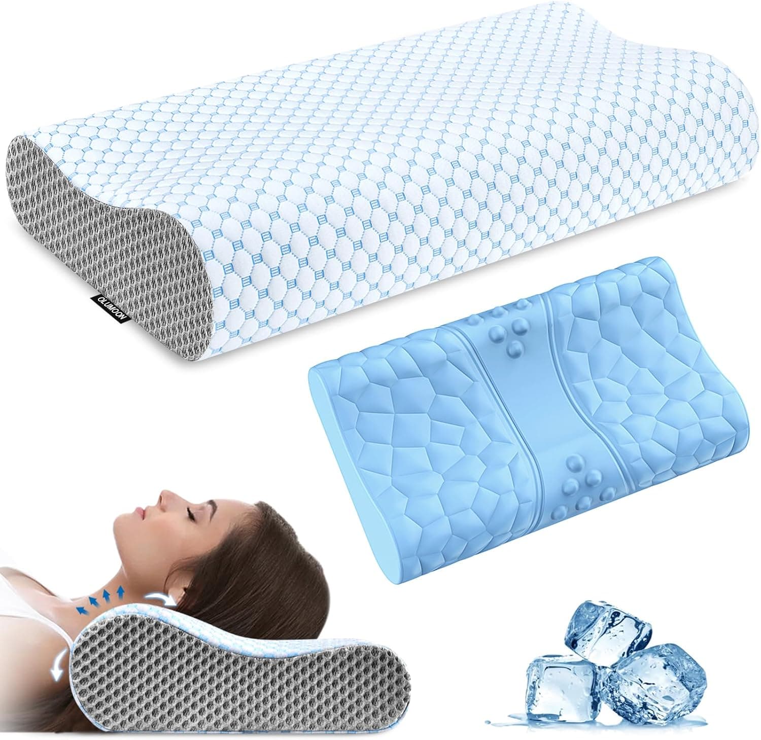 Neck Pillow Memory Foam Pillows, Cooling Neck Support Pillow for Pain Relief (Blue & Grey)