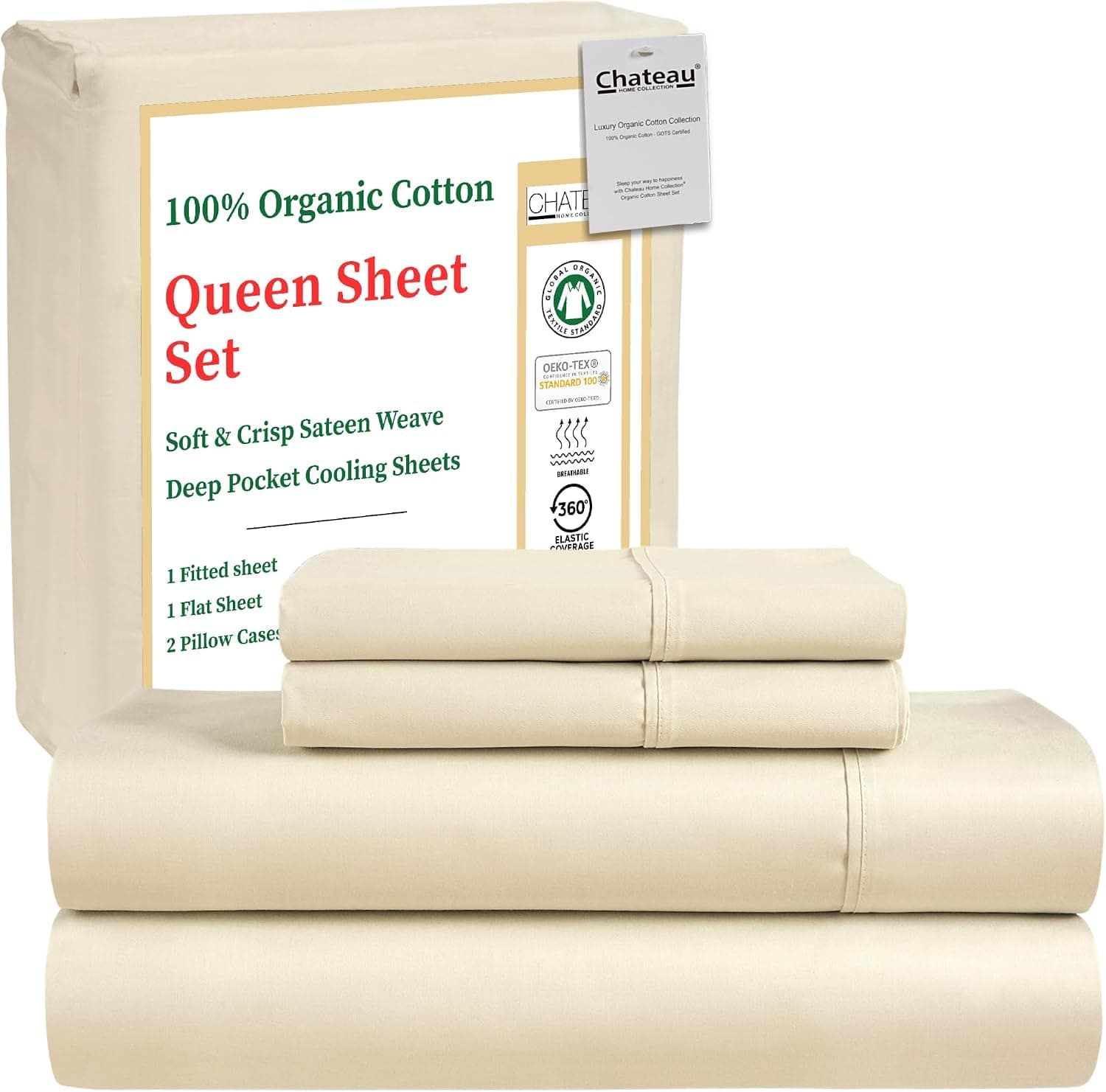 Queen Sheet Set - 100% Organic Cotton Sheets Queen - GOTS & OEKO-TEX Certified Sateen Weave Soft, Breathable & Durable 15" Deep Pocket Cooling Sheets - Ivory