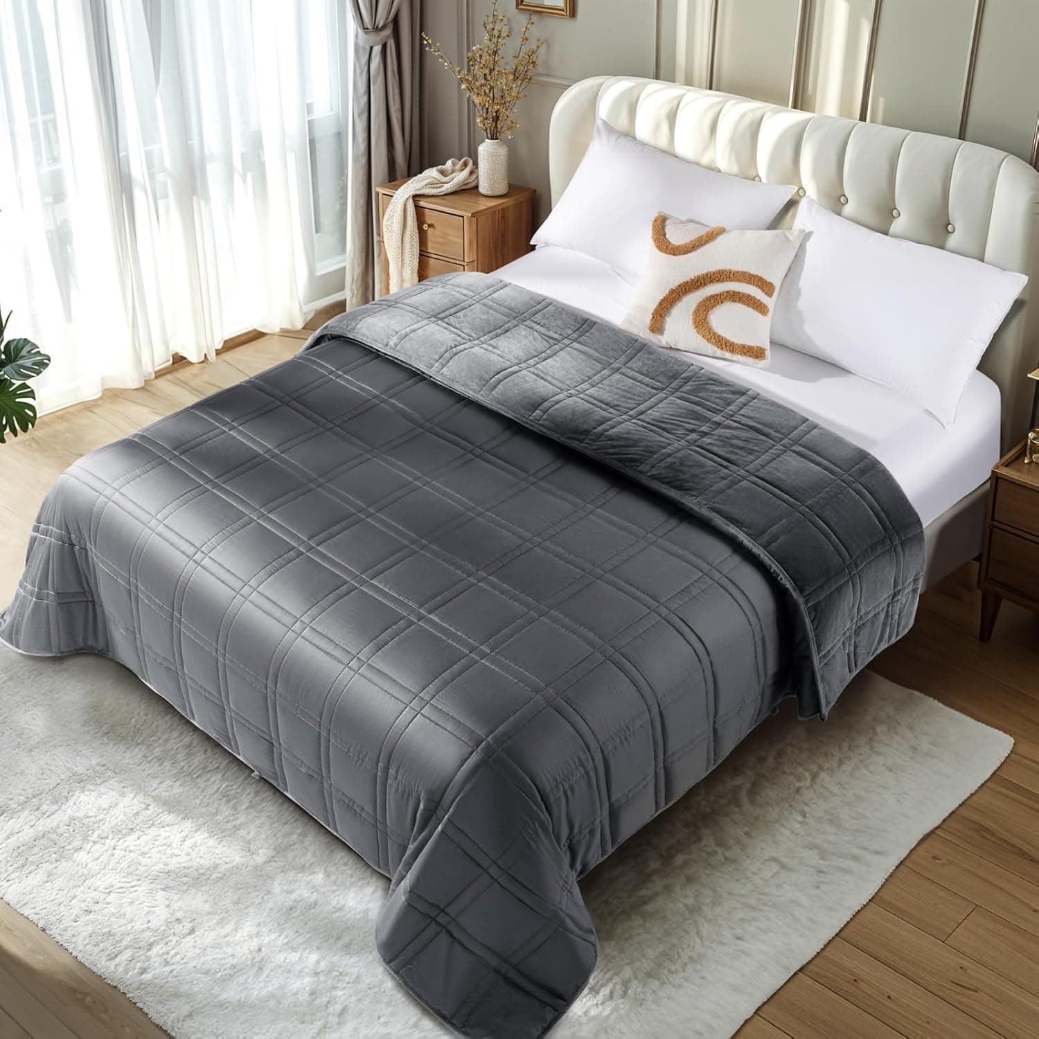 LBRO2M Cooling Weighted Blanket 15 lbs with One Cooling Side, Flannel Heavy Blanket with Glass Beads, Dark Gra