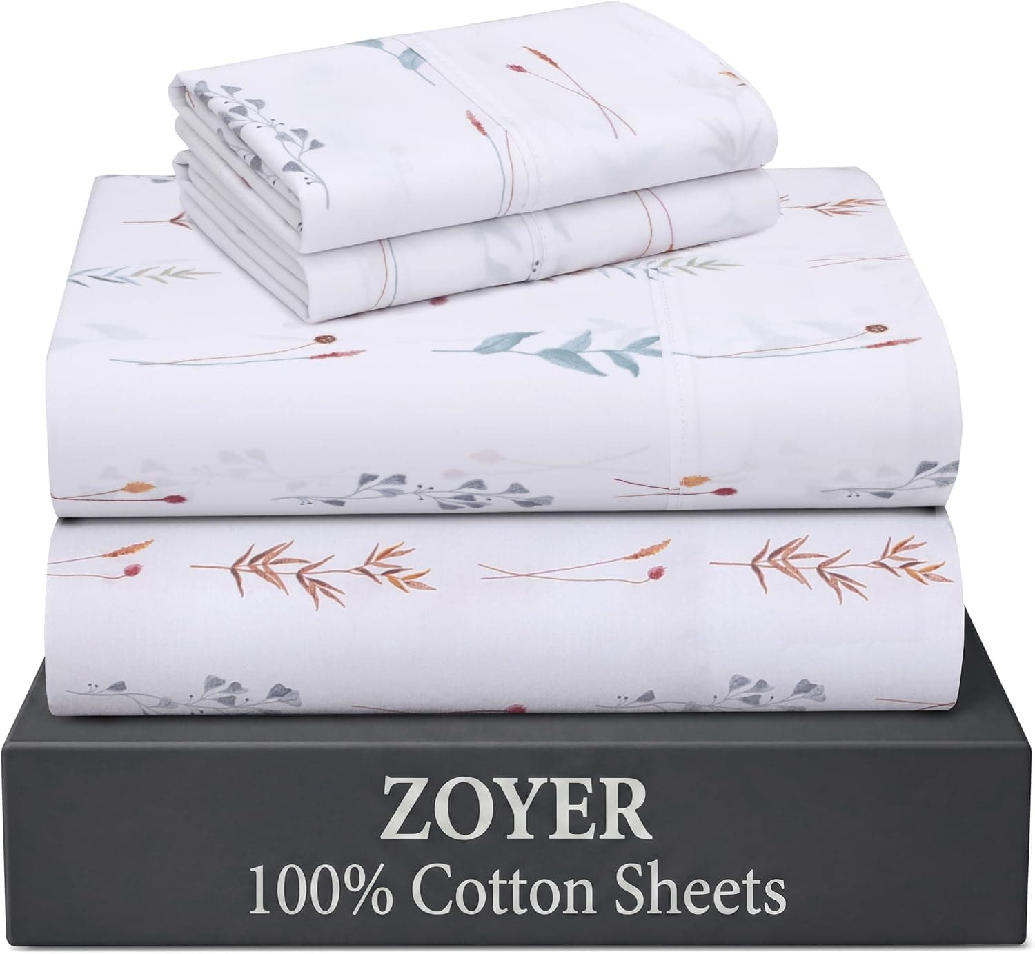 ZOYER 100% Cotton Percale Sheets Queen, Cooling Breathable for Hot Sleepers, Deep Pocket 16", 4 Pcs