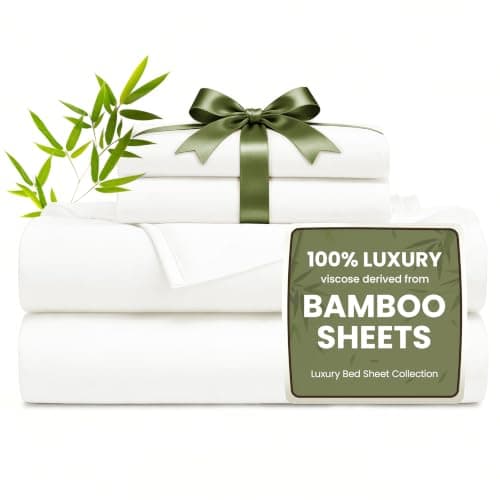 Love's cabin 4 Piece Queen Sheet Set, 100% Rayon Derived from Bamboo, Cooling & Breathable, Soft Silky Deep Pocket up to 16", Hotel Luxury Bedding for Hot Sleepers, White